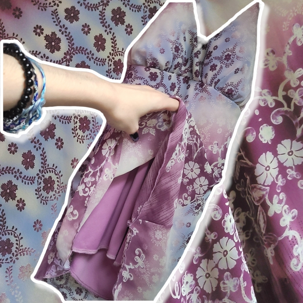 Y2K, Floral Babydoll, Padded V-Neck Halter Top. Pastel Purple & Blue Sheer Flowy
